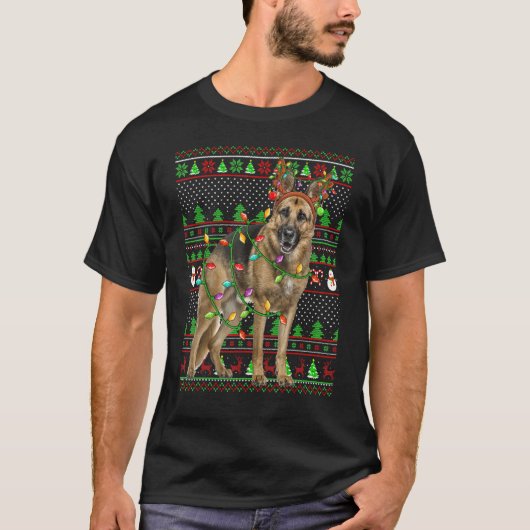 Ugly Xmas Sweater Style Lights German Shepherd Dog Tシャツ (正面)