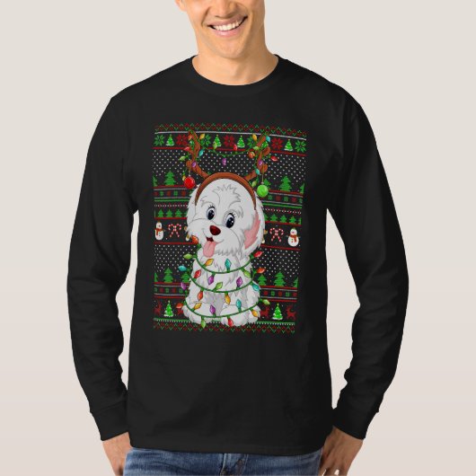 Ugly Xmas Sweater Style Lights Havanese Dog Christ Tシャツ (正面)