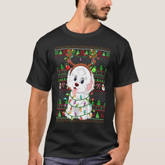 Ugly Xmas Sweater Style Lights Havanese Dog Christ Tシャツ (正面)