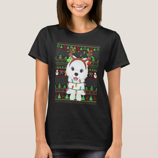 Ugly Xmas Sweater Style Lights Samoyed Dog Christm Tシャツ (正面)