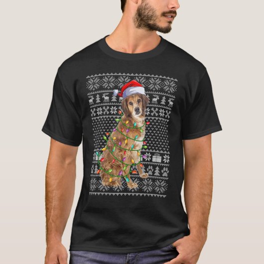 Ugly Xmas Sweater Style Santa Brittany Spaniel Dog Tシャツ (正面)