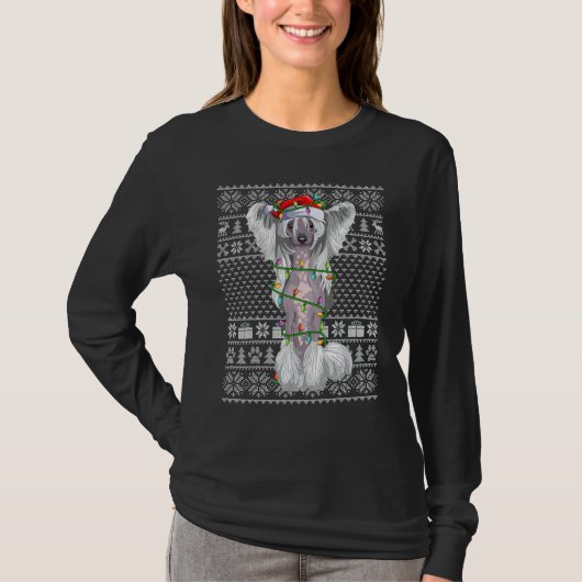 Ugly Xmas Sweater Style Santa Chinese Crested Dog Tシャツ (正面)