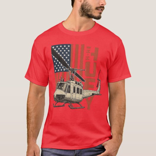 UH1 Huey Military Helicopter Aviation American Fla Tシャツ (正面)