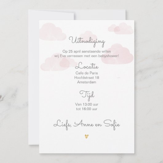 Uitnodiging babyshower meisje roze wolken 招待状 (裏面)