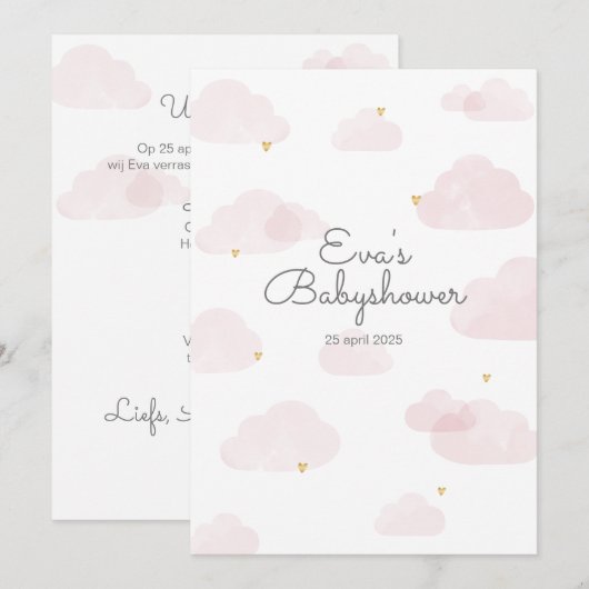 Uitnodiging babyshower meisje roze wolken 招待状 (正面/裏面)