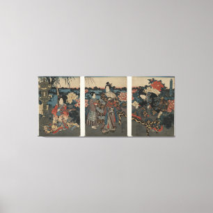 Ukiyo-eのトリプティク: シャクヤクの庭を楽しむこと キャンバスプリント