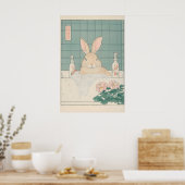 Ukiyo-e Bunny Print Funny Rabbit in Bathtub ポスター (キッチン)