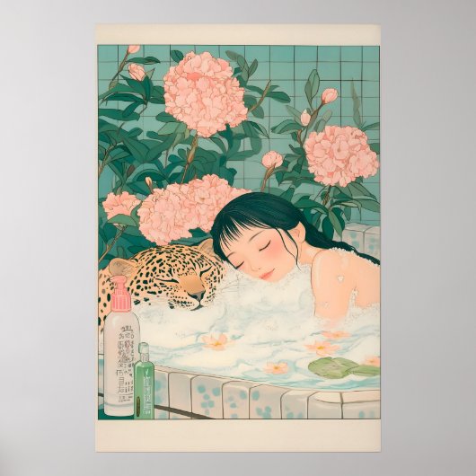 Ukiyo-e Leopard Bath Art Print Japandi Bathroom ポスター (正面)