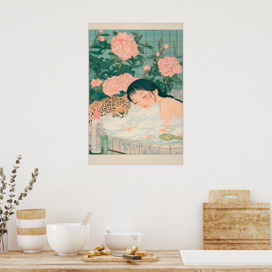 Ukiyo-e Leopard Bath Art Print Japandi Bathroom ポスター (キッチン)