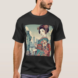 Ukiyo-e style: Oiran alongside the Statue of Liber Tシャツ