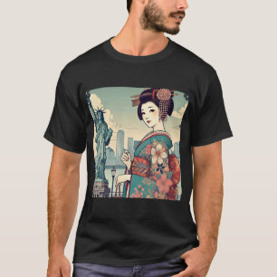 Ukiyo-e style: Oiran alongside the Statue of Liber Tシャツ