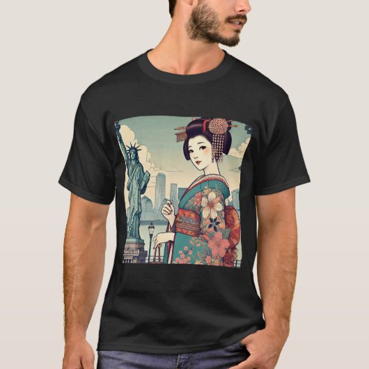 Ukiyo-e style: Oiran alongside the Statue of Liber Tシャツ (正面)