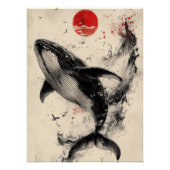 Ukiyo-e Whale Art with Red Sun & Ink Splatter ポスター (正面)