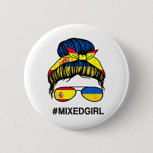 Ukraine Spain Flag Ukrainian Spanish Messy Bun  缶バッジ (正面)
