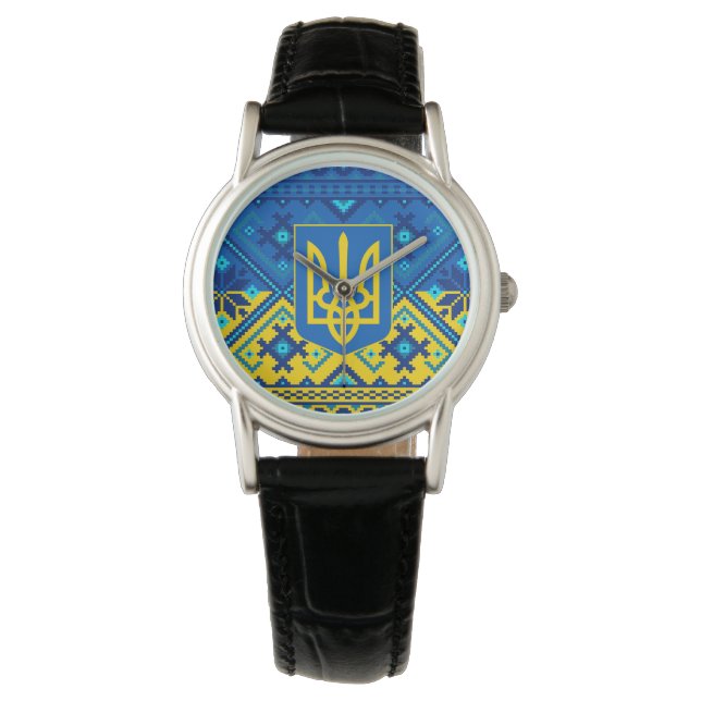 Ukrainian Coat of Arms & Vushuvanka folk art.  腕時計 (正面)