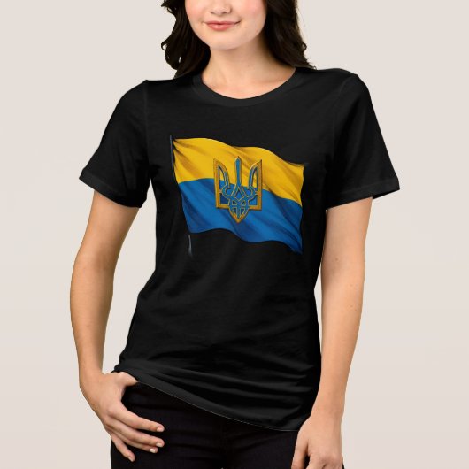 Ukrainian flag waving in the wind with Trident トライブレンドＴシャツ (正面)