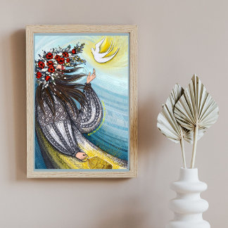 Ukrainian Girl with Peace Dove and Red Poppies Art ポスター