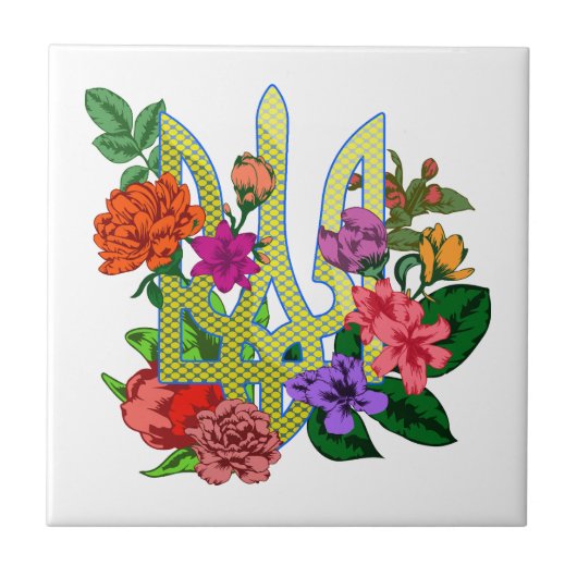 Ukrainian heraldry trident tryzub blooming flowers タイル (正面)