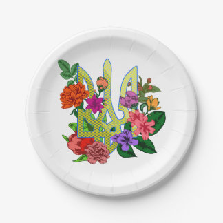 Ukrainian heraldry trident tryzub blooming flowers ペーパープレート