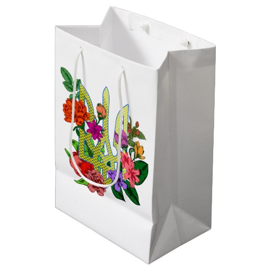 Ukrainian heraldry trident tryzub blooming flowers ミディアムペーパーバッグ (正面アングル)