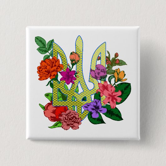 Ukrainian heraldry trident tryzub blooming flowers 缶バッジ (正面)