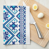 Ukrainian traditional vushuvanka folk pattern blue キッチンタオル (四つ折り)