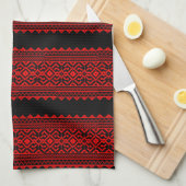 Ukrainian traditional vushuvanka folk pattern red キッチンタオル (四つ折り)