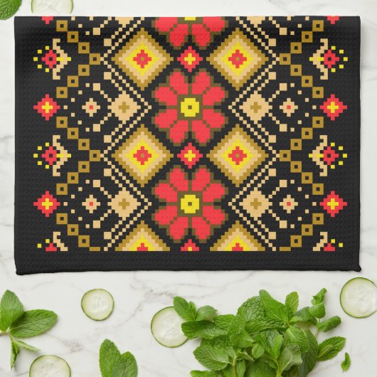 Ukrainian traditional vushuvanka folk pattern red キッチンタオル (折り畳み)