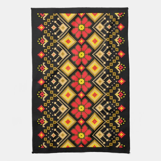 Ukrainian traditional vushuvanka folk pattern red キッチンタオル (縦)
