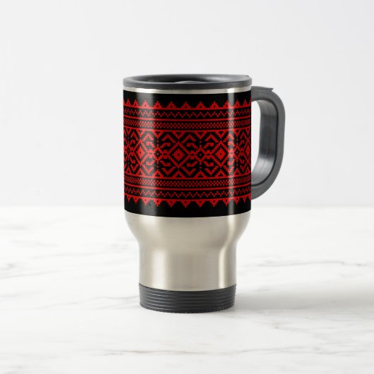 Ukrainian traditional vushuvanka folk pattern red トラベルマグ (正面右)