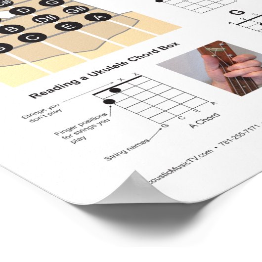 Ukulele Chordsフィンガーチャートとフリーボードポスター ポスター (角)