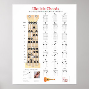 Ukulele Chordsフィンガーチャート、ノート付きフリーボード ポスター