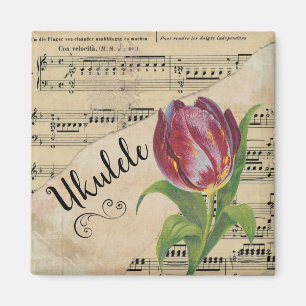 Ukulele Elegant Tulip Vintage Sheet Music マグネット