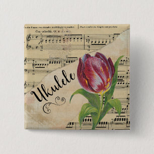 Ukulele Elegant Tulip Vintage Sheet Music 缶バッジ