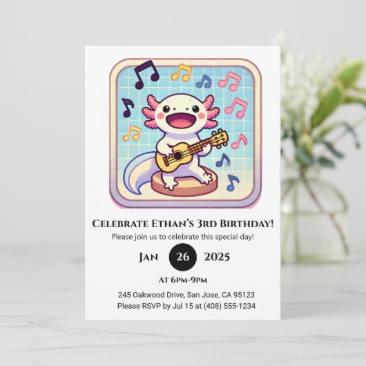 Ukulele Performer Axolotl Birthday 招待状 (スタンド正面)