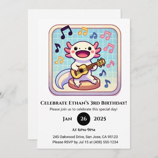 Ukulele Performer Axolotl Birthday 招待状 (正面/裏面)