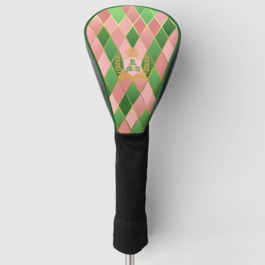 Ultra Chic Preppy Pink Green Argyle Monogram Crest ゴルフヘッドカバー (正面)