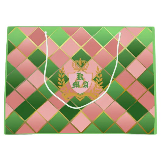 Ultra Chic Preppy Pink Green Argyle Monogram Crest ラージペーパーバッグ (正面)