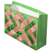 Ultra Chic Preppy Pink Green Argyle Monogram Crest ラージペーパーバッグ (正面アングル)