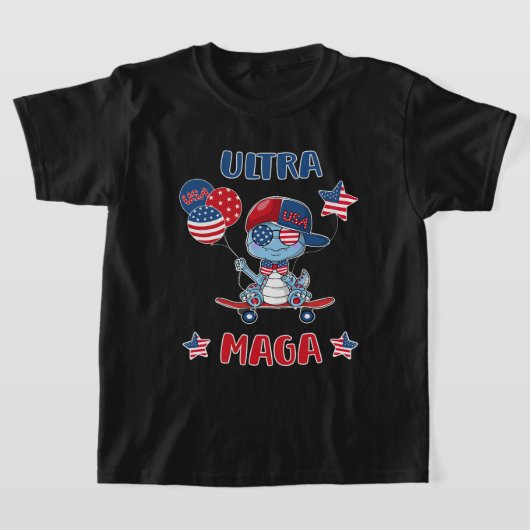 Ultra Maga 4th of 7月の子供恐竜とサングラス Tシャツ (レイダウン)