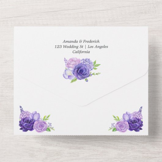 Ultra Violet Waterカラーフローラ結婚の全てを同時に使用 オールインワン招待状 (裏面)