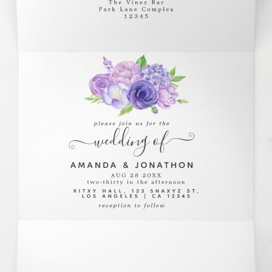 Ultra Violet Waterカラーフローラ結婚の全てを同時に使用 三つ折り招待状 (内部中)