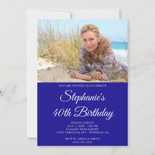 Ultramarine and White Elegant Script 40th Birthday 招待状 (正面)