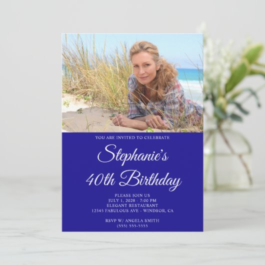 Ultramarine and White Elegant Script 40th Birthday 招待状 (スタンド正面)