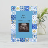 Ultrasound Photo Blue Tileベビーありがとうおもしろい サンキューカード (スタンド正面)