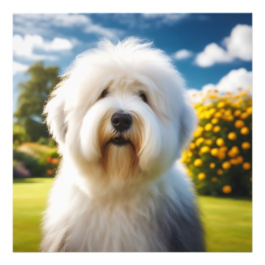 Um Old English Sheepdog no Jardim Florido フォトプリント (正面)