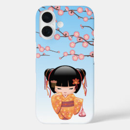 Ume Kokeshi Doll Japanese Geisha Girl Blue iPhone 16ケース