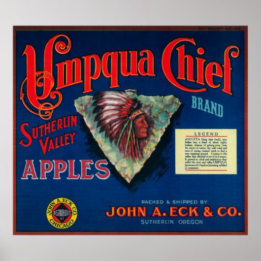 Umpqua Chief Apple Crate LabelSutherlin、または ポスター (正面)