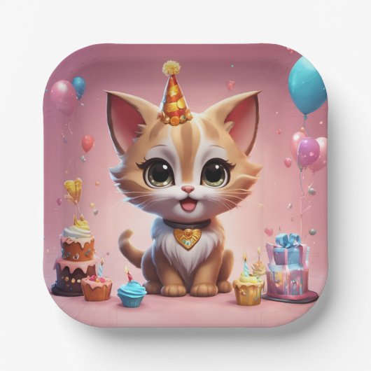 Un adorable chaton qui fête son anniversaire ペーパープレート (正面)