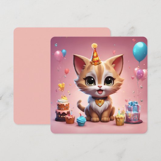 Un adorable chaton qui fête son anniversaire 招待状 (正面/裏面)